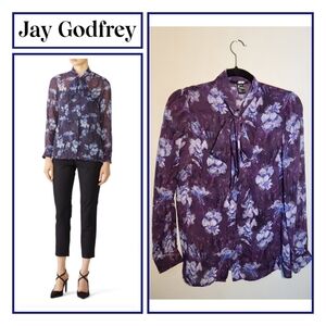 JAY GODFREY Sheer Blouse Size 2 Buttondown High Neckline Tie Watercolor Floral